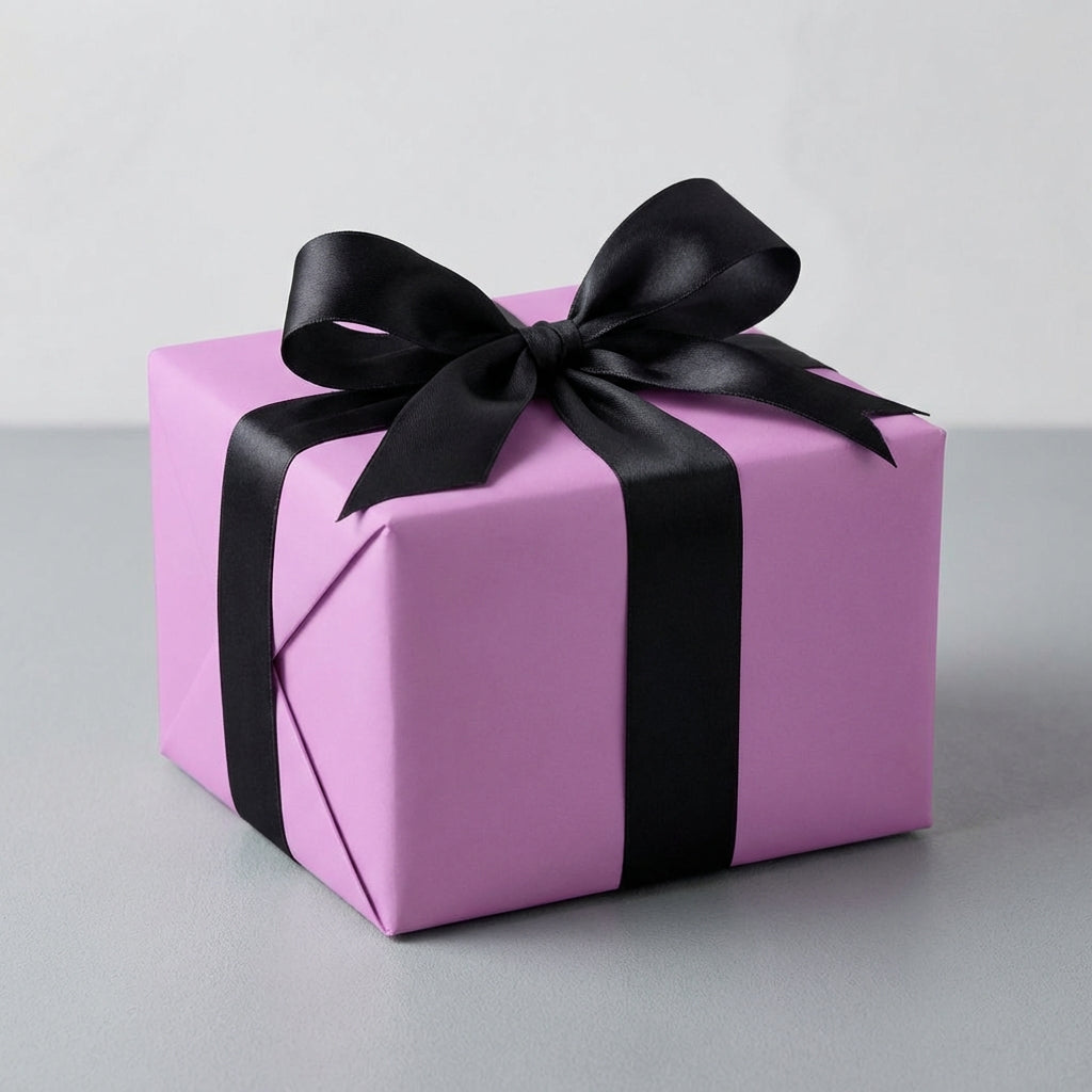 Opulent Orchid: Solid Color Gift Wrap on gift box with a black ribbon on a gray background
