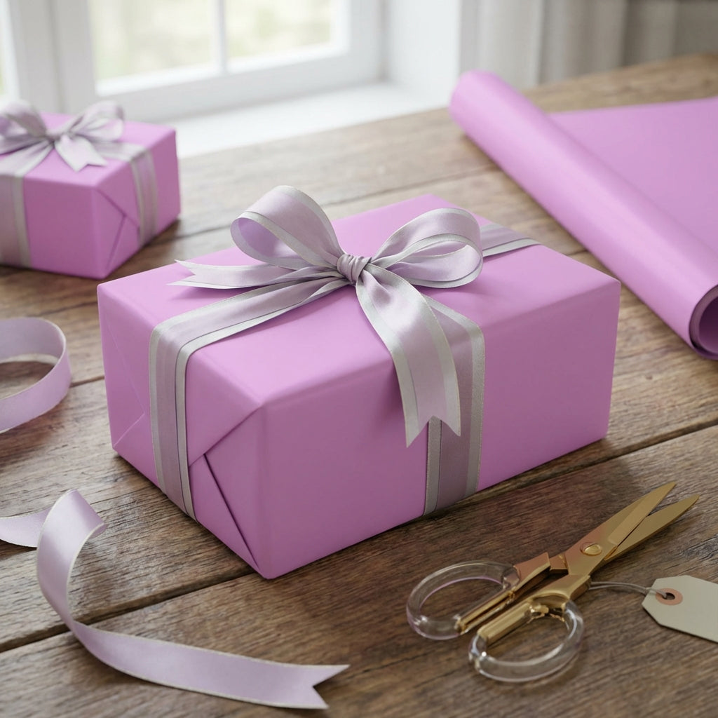 Opulent Orchid: Solid Color Gift Wrap on  gift box with a bow on a wooden table, surrounded by pink wrapping paper and scissors.