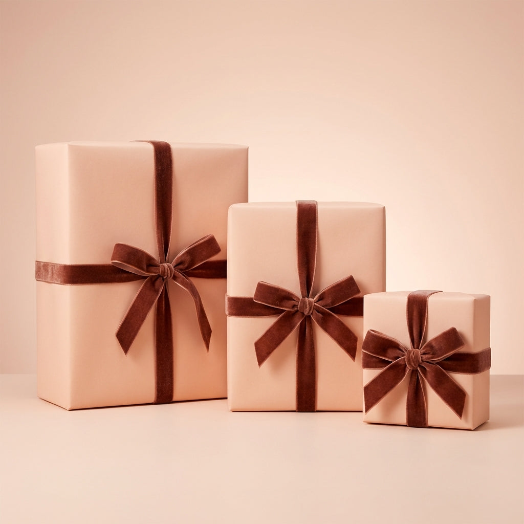 Three peach gift boxes with brown ribbons on a beige background. Peach Fuzz: Solid Color Wrapping Paper