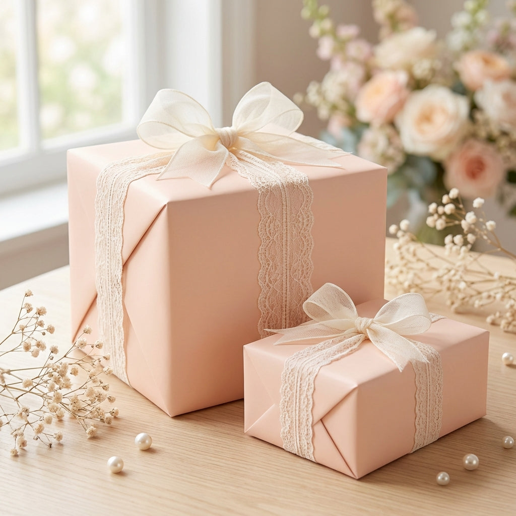 Two soft peach gift boxes with lace ribbons on a wooden surface with flowers in the background. Peach Fuzz: Solid Color Wrapping Paper