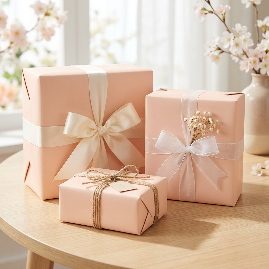 Three soft peach fuzz gift boxes with ribbons on a wooden table with a blurred floral background. Peach Fuzz: Solid Color Wrapping Paper
