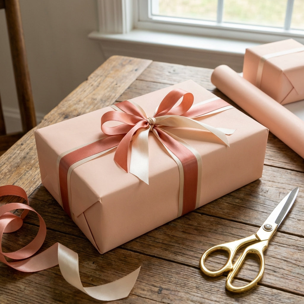 Gift wrapped in peach paper with a bow on a wooden table, accompanied by scissors and additional luxury peach wrapping paper. Peach Fuzz: Solid Color Wrapping Paper
