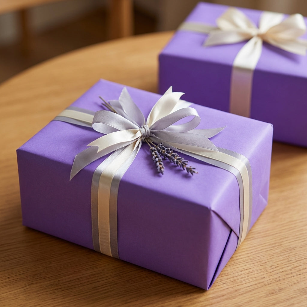Two perfect purple gift boxes with silver ribbons on a wooden surface