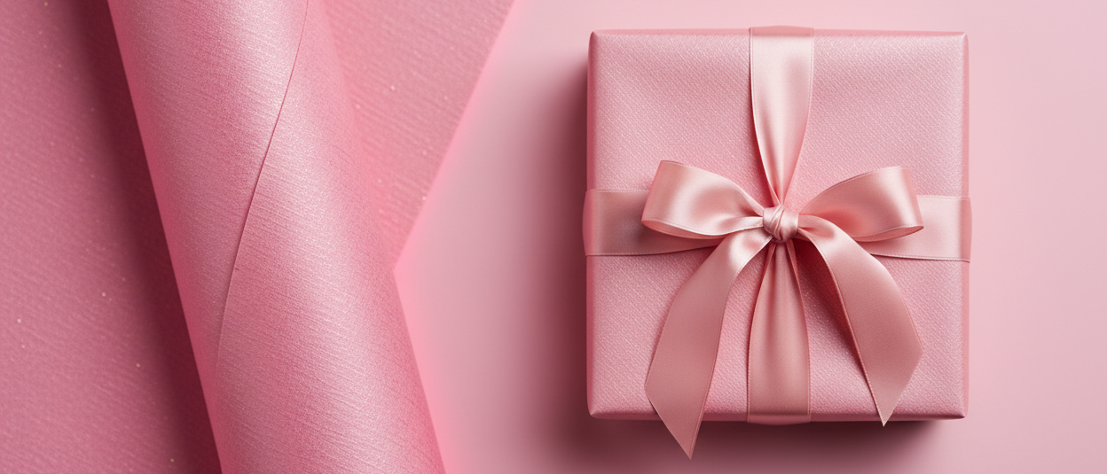 Create a collection hero image for pink, pastel pink, neon pink wrapping paper collection.  This should be a studio quality image to show off wrapped gift.  2 different focal points. A wrapped gift and a macro image on right. The background should match the color. No text on image.  The overall image should be highly polished like it was produced from a high end marketing agency. Keep lower left corner empty. Most design elements on right 2/3. Aspect Ratio 21:9.