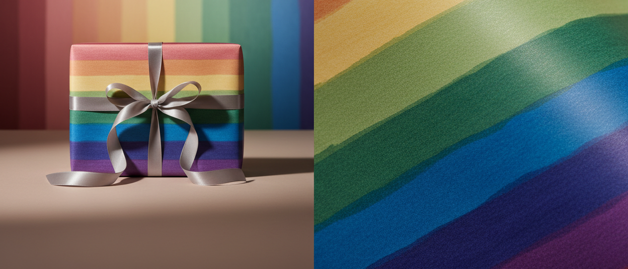Create a collection hero image for classy rainbow wrapping paper collection.  This should be a studio quality image to show off wrapped gift.  2 different focal points. A wrapped gift and a macro image on right. The background should match the color. No text on image.  The overall image should be highly polished like it was produced from a high end marketing agency. Keep lower left corner empty. Most design elements on right 2/3. Aspect Ratio 21:9.