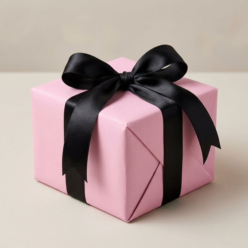 Rose Quartz: Solid Color Gift Wrap Pink gift box with a black ribbon on a neutral background