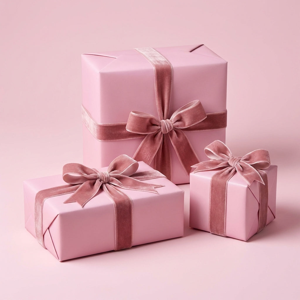 Three rose quartz pink gift boxes with ribbons on a pink background