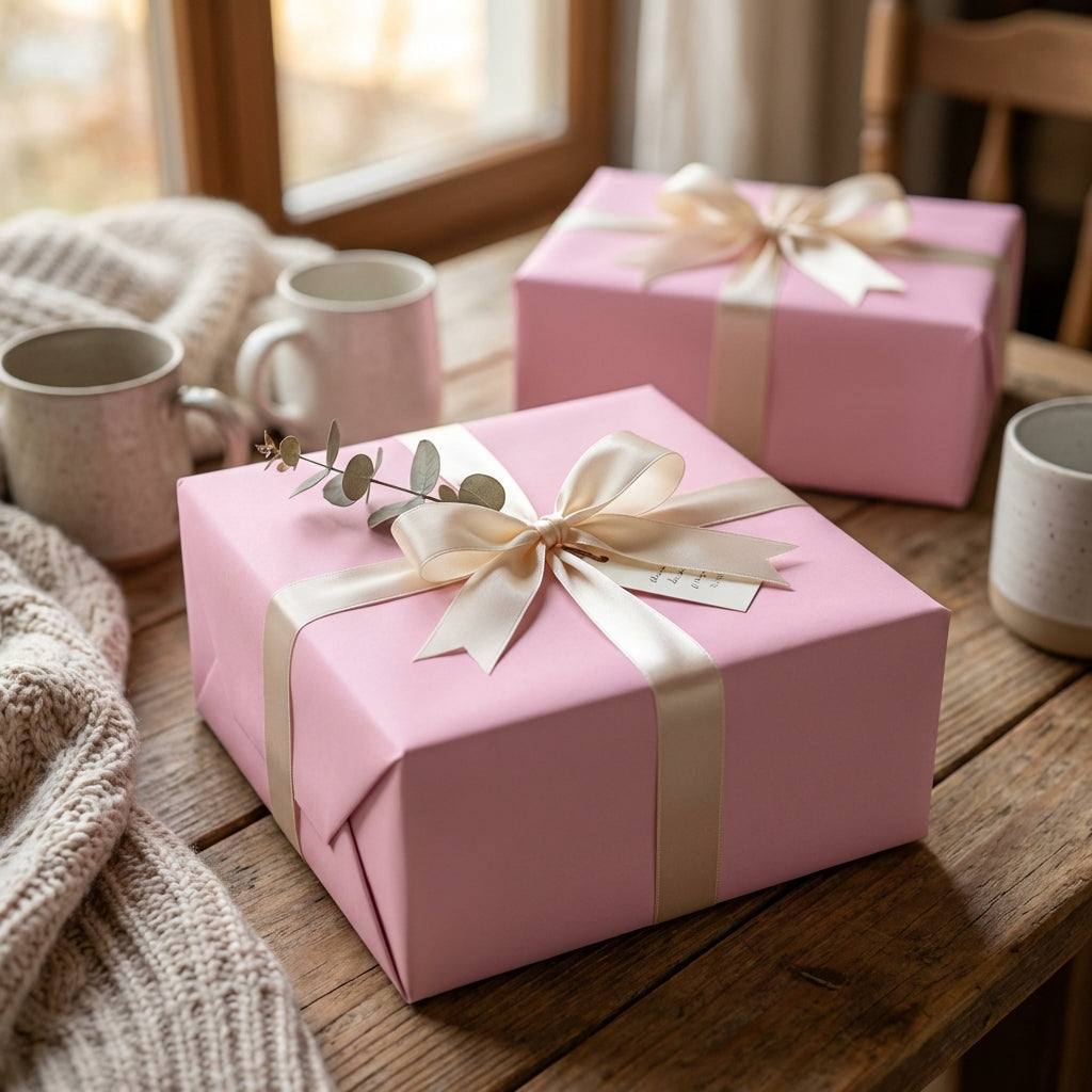 Two rose quartz pink gift boxes with ribbons on a wooden table with mugs and a blanket.