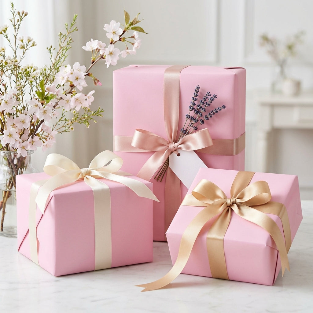 Three rose pink gift boxes with decorative ribbons and flowers on a light background