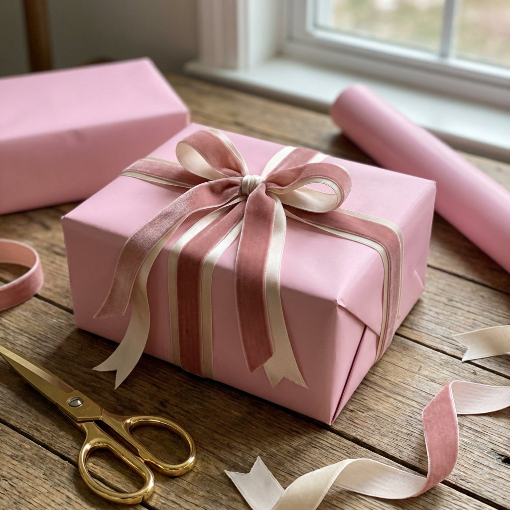 Rose pink gift box with a ribbon on a wooden surface next to scissors and additional pink wrapping paper. Rose Quartz: Solid Color Gift Wrap