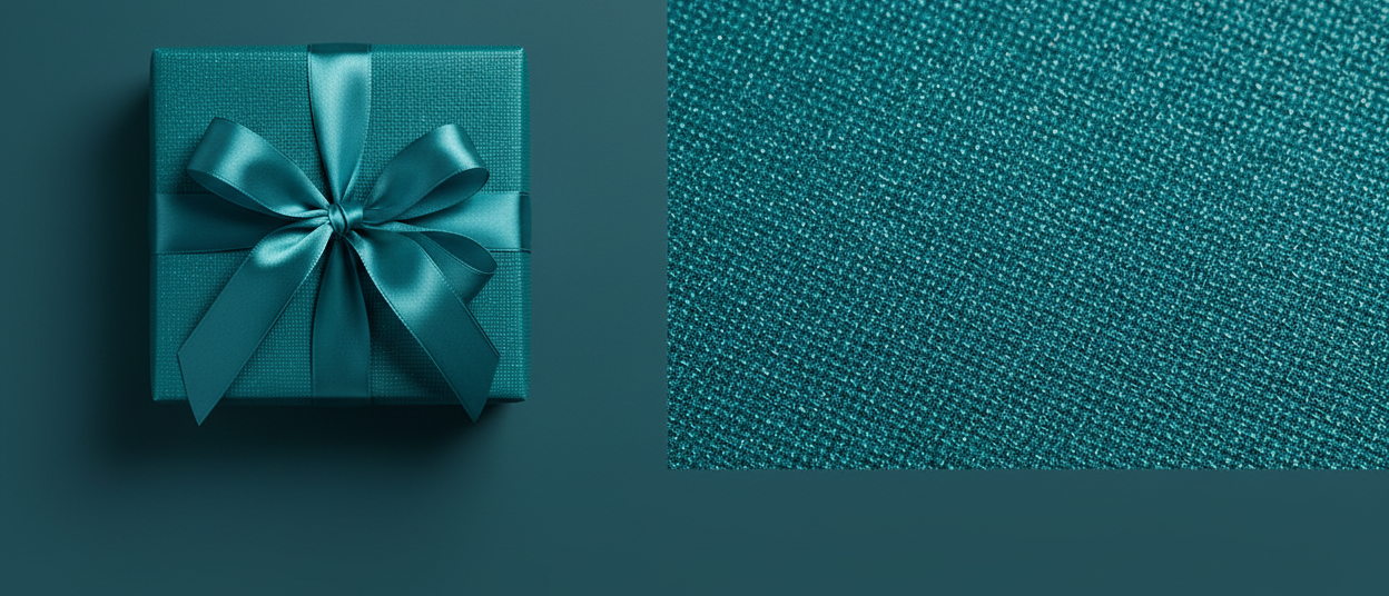 Create a collection hero image for teal wrapping paper collection.  This should be a studio quality image to show off wrapped gift.  2 different focal points. A wrapped gift and a macro image on right. The background should match the color. No text on image.  The overall image should be highly polished like it was produced from a high end marketing agency. Keep lower left corner empty. Most design elements on right 2/3. Aspect Ratio 21:9.