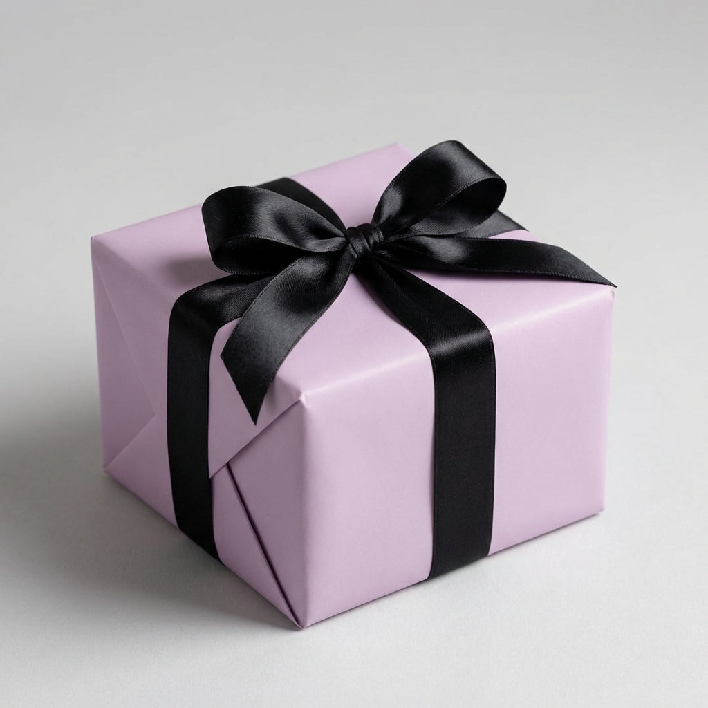 Tranquil Thistle: Solid Color Gift Wrap with a black ribbon on a light gray background