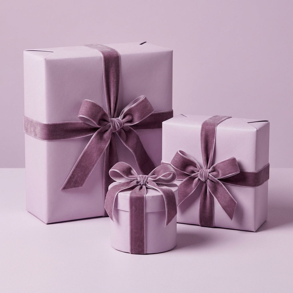 Three gift boxes with purple ribbons on a light purple background. Tranquil Thistle: Solid Color Gift Wrap