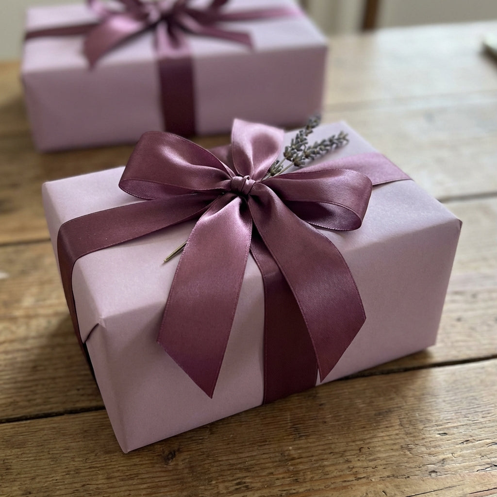 Tranquil Thistle: Solid Color Gift Wrap . Two pink gift boxes with purple ribbons on a wooden surface
