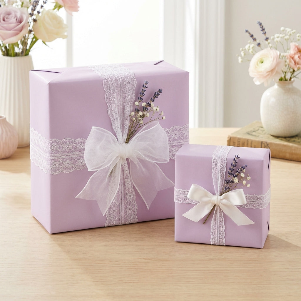 Two purple gift boxes with white ribbons and floral decorations on a wooden surface. Tranquil Thistle: Solid Color Gift Wrap