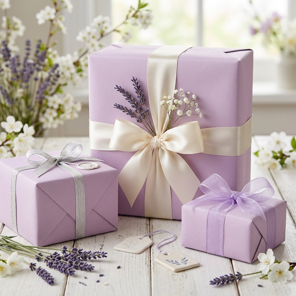 Three purple gift boxes with white ribbons on a wooden surface with flowers in the background. Tranquil Thistle: Solid Color Gift Wrap