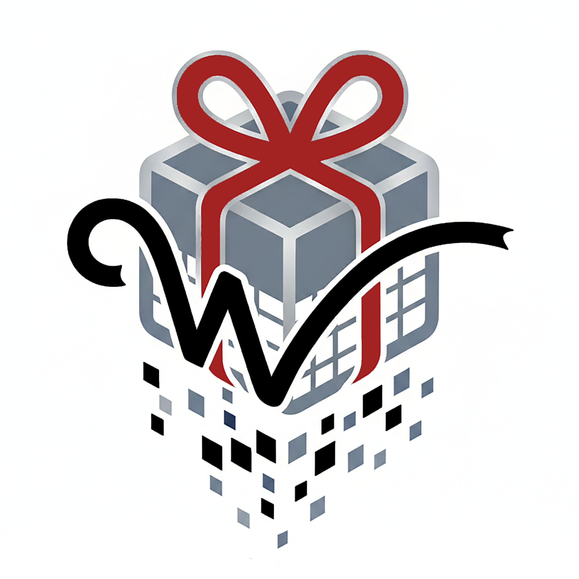 Wrapping Paper Estimator Logo. A gift box being built from a digital copy. Red bow on a white background