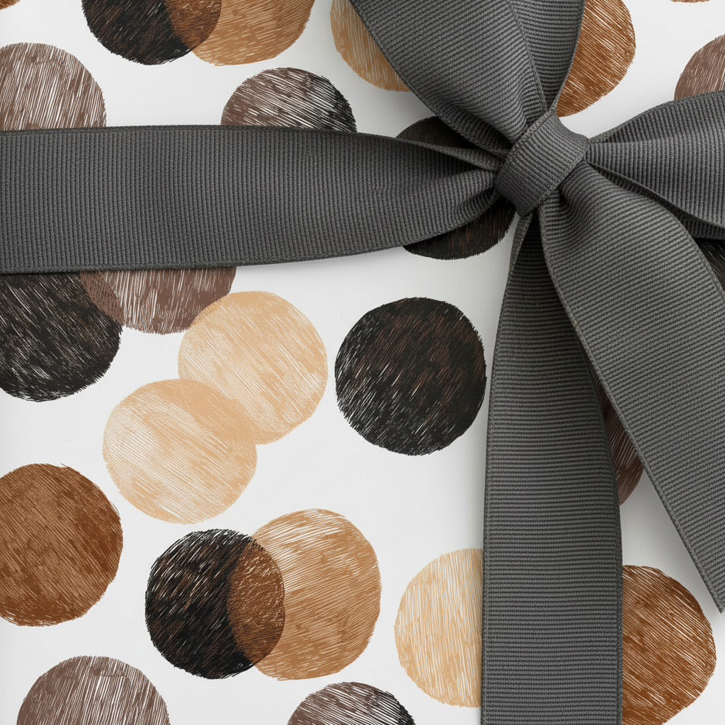 Modern minimalist wrapping paper with brown, black, and tan textured polka dots and a dark gray grosgrain ribbon bow.