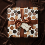 Elegant brown polka dot wrapping paper with a satin ribbon and "A Timeless Gift" tag, perfect for luxury birthdays or anniversaries.