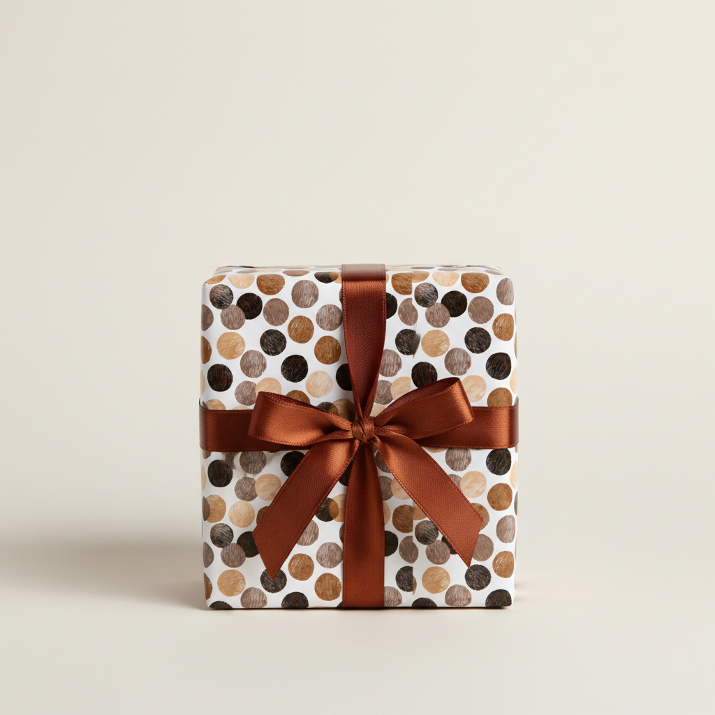 Modern polka dot gift wrap in neutral brown tones with a shiny brown ribbon bow, perfect for a chic birthday or anniversary present.