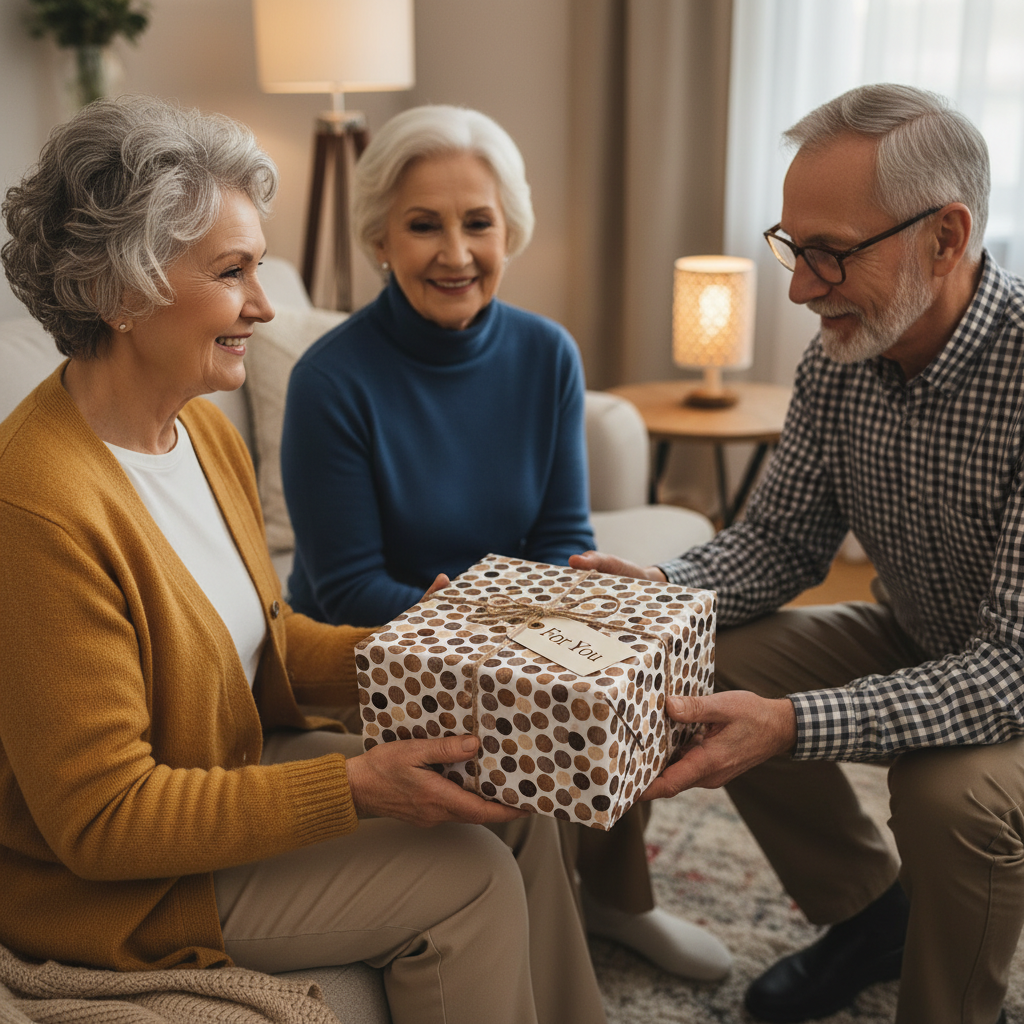Elegant brown polka dot wrapping paper on a square gift box with a rustic string and "For You" tag, exchanged between smiling seniors.
