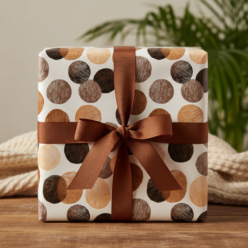 Modern brown polka dot wrapping paper on a wooden table, tied with a satin chocolate ribbon, perfect for stylish birthday or holiday gifts.