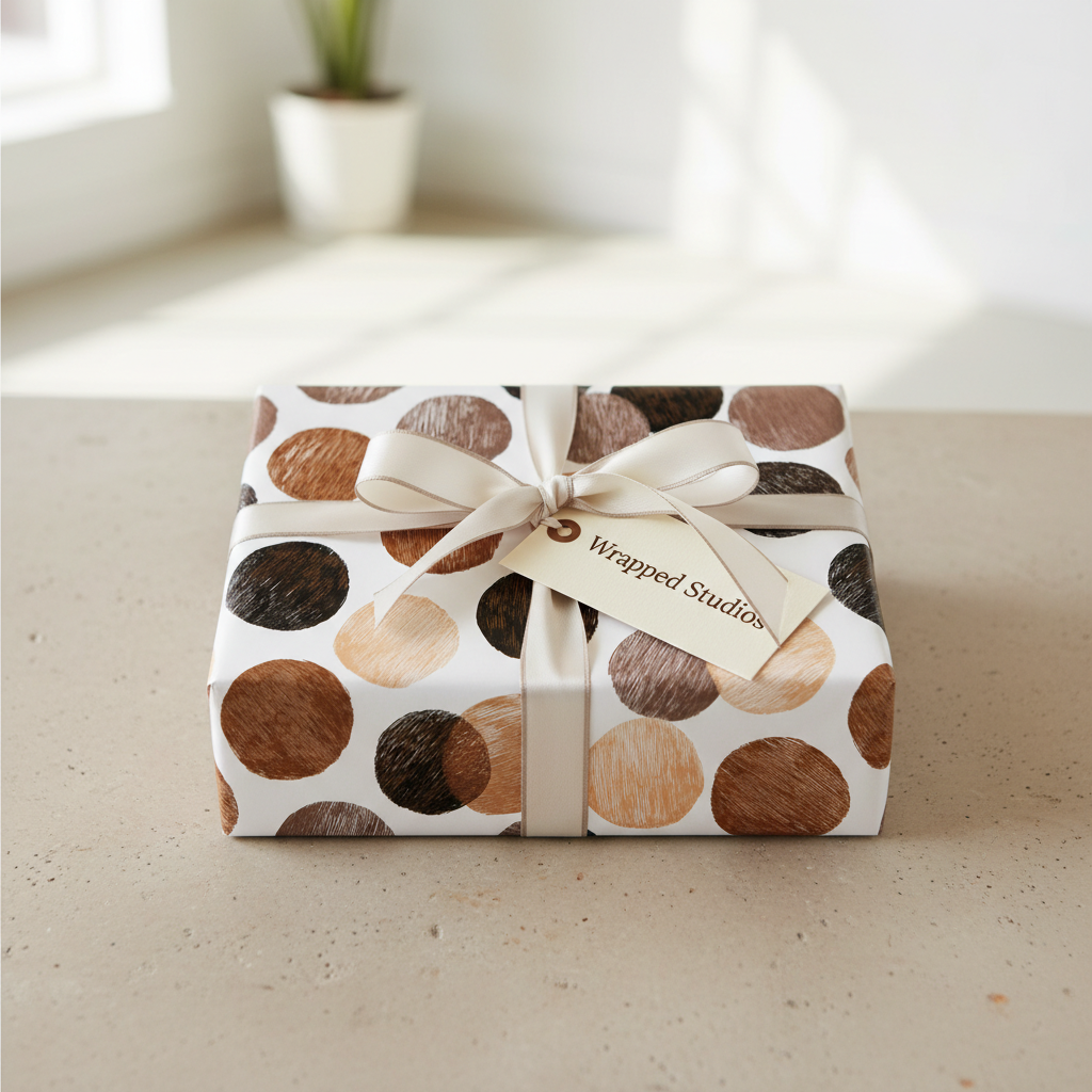 Modern neutral polka dot wrapping paper with a cream ribbon and gift tag, perfect for birthday or luxury gifts.