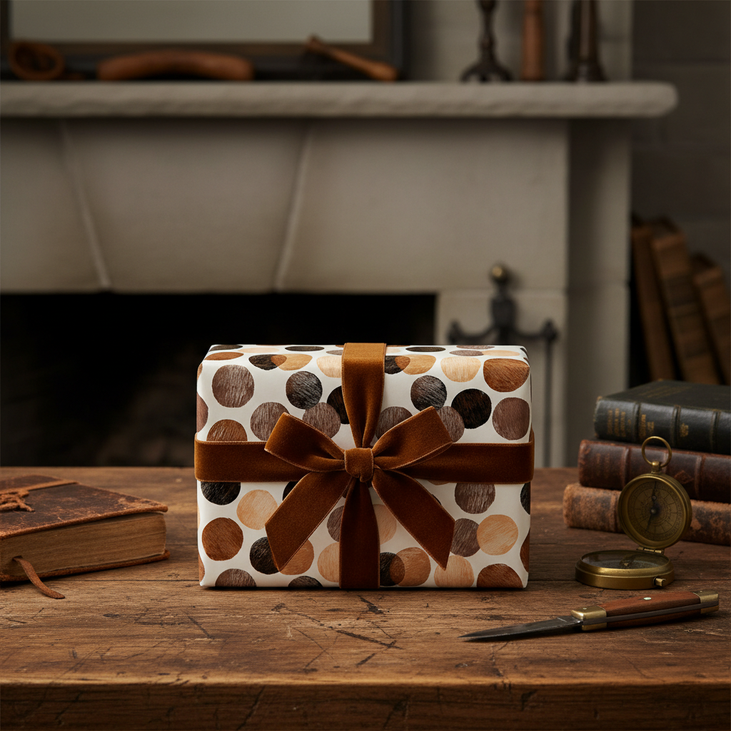 Vintage brown polka dot gift wrapping paper with a velvet ribbon on a rustic wooden desk, perfect for luxury holiday or birthday gifts.