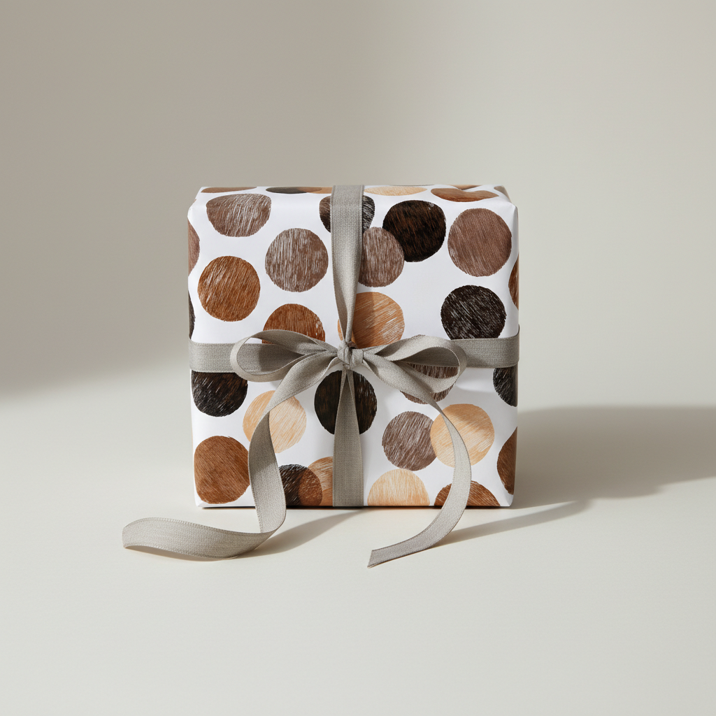 Modern polka dot wrapping paper in brown, tan, and white with a gray ribbon, perfect for birthday or luxury gifts.