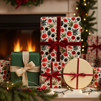 Elegant Christmas gift wrap featuring a modern botanical pattern with red and green accents, tied with luxurious velvet and burlap ribbons.