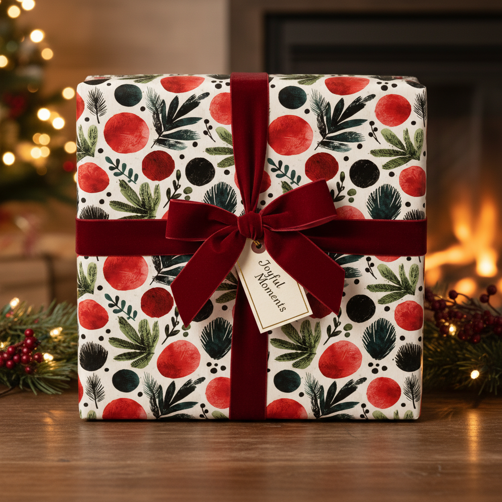 Festive holiday wrapping paper with a red and green modern abstract pattern, tied with a luxurious deep red velvet ribbon and "Joyful Moments" tag.