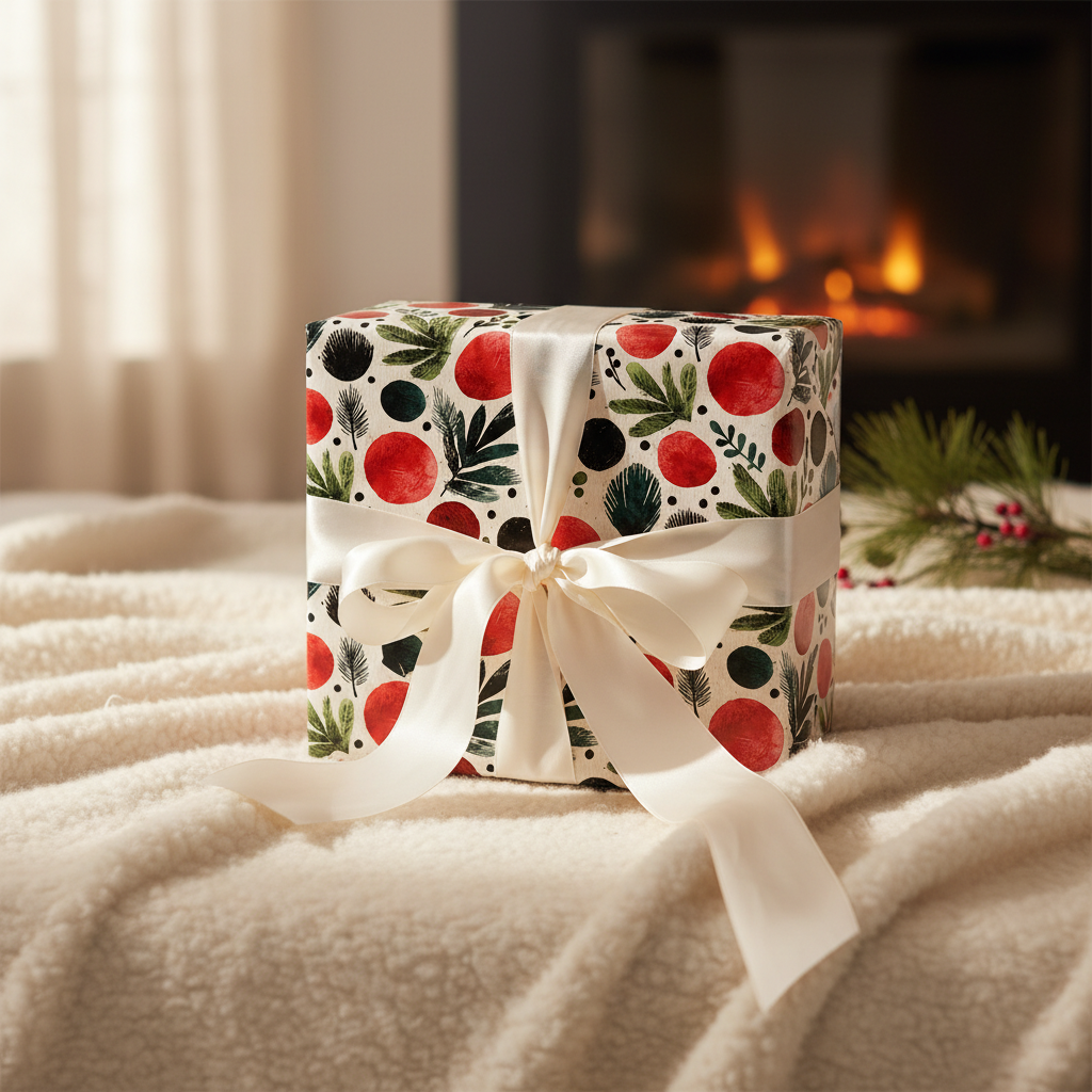 Festive modern Christmas gift wrap with red, green, and black botanical patterns, tied with a cream ribbon, on a cozy white blanket.