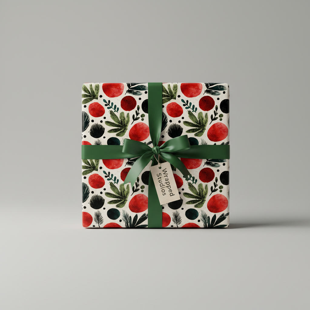 Elegant botanical wrapping paper with a festive red, green, and black pattern, tied with a dark green satin ribbon and gift tag.