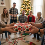 Christmas gift exchange with festive botanical wrapping paper, a red and white striped ribbon, and a blurred family in the background.