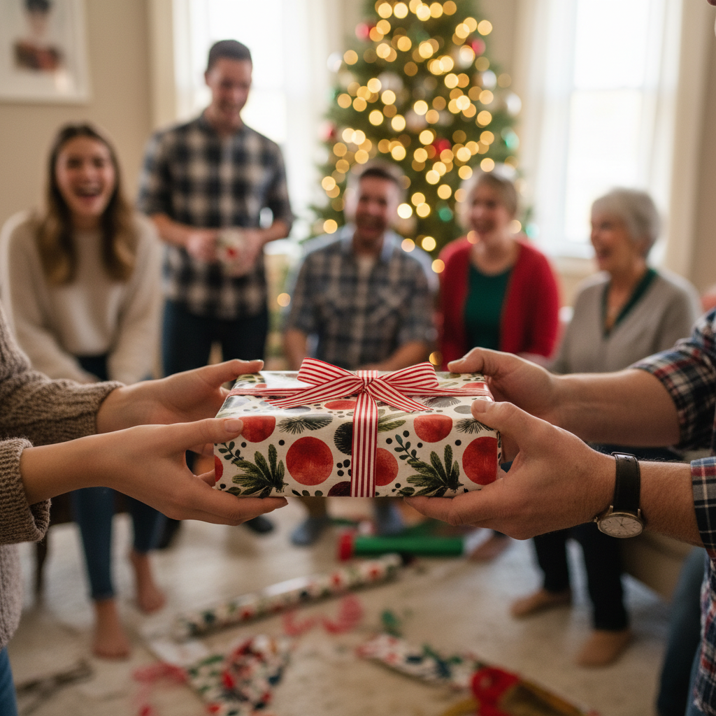 Christmas gift exchange with festive botanical wrapping paper, a red and white striped ribbon, and a blurred family in the background.