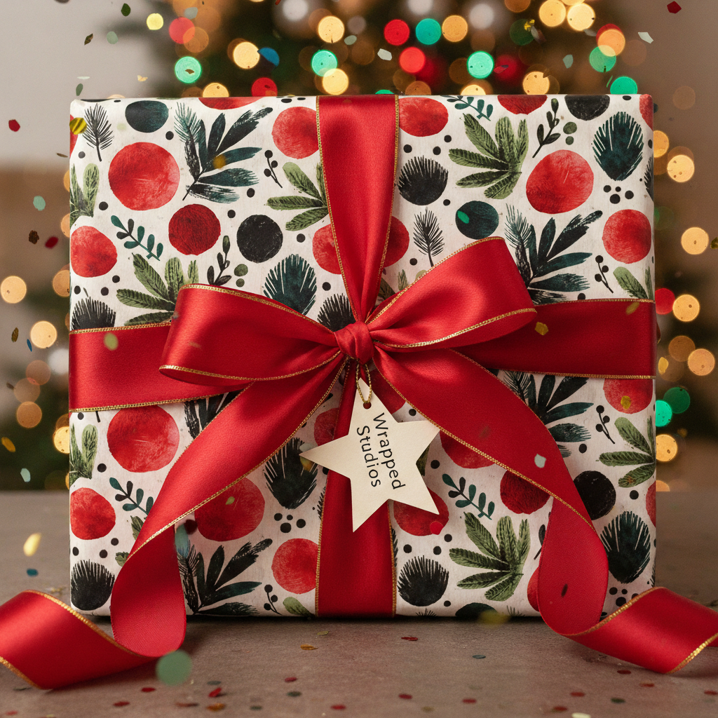 Holiday wrapping paper with red and green modern foliage design, a red satin bow, star tag, and festive lights in the background.