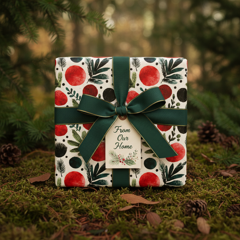 Elegant Christmas gift wrap with red, green, and black botanical patterns, tied with a dark green ribbon and gold-edged bow, on a mossy forest floor.