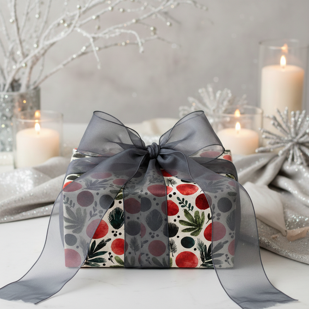 Festive modern botanical Christmas wrapping paper with red and green accents, tied with an elegant sheer grey ribbon, perfect for holiday gifts.
