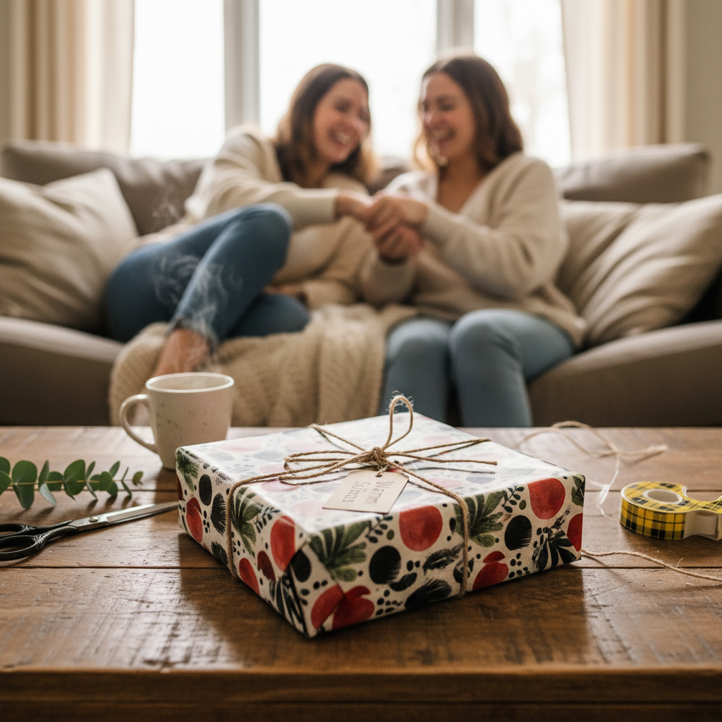 Festive modern botanical wrapping paper with a red and green design tied with twine, on a rustic wooden table, perfect for holiday gifts.