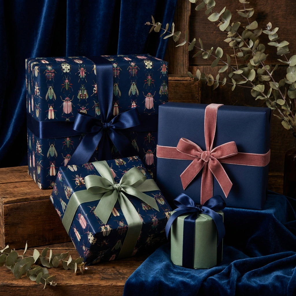 Elegant presents wrapped in navy, olive, and beetle-print gift wrap, tied with velvet ribbons.