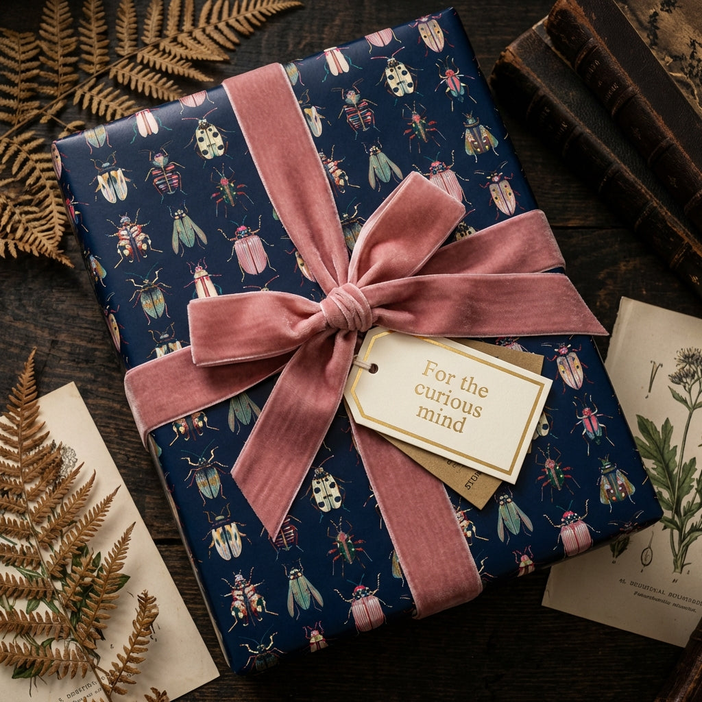 Navy wrapping paper with beetle print, tied with a blush velvet ribbon and a tag reading: "For the curious mind."