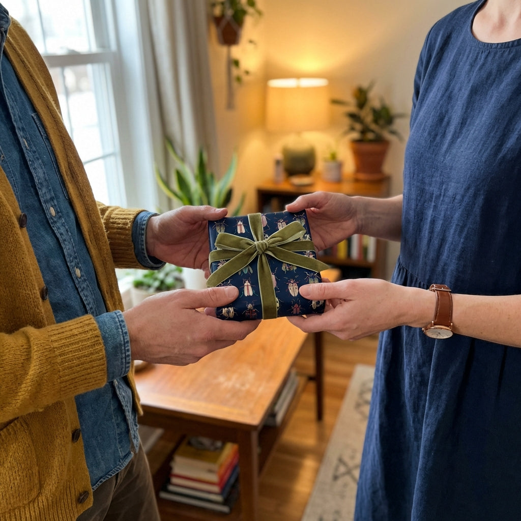 Exchanging gifts wrapped in modern patterned gift wrap with a green velvet ribbon.
