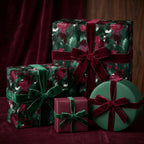 Elegant presents wrapped in floral gift wrap with velvet ribbons, from Wrapped Studios.