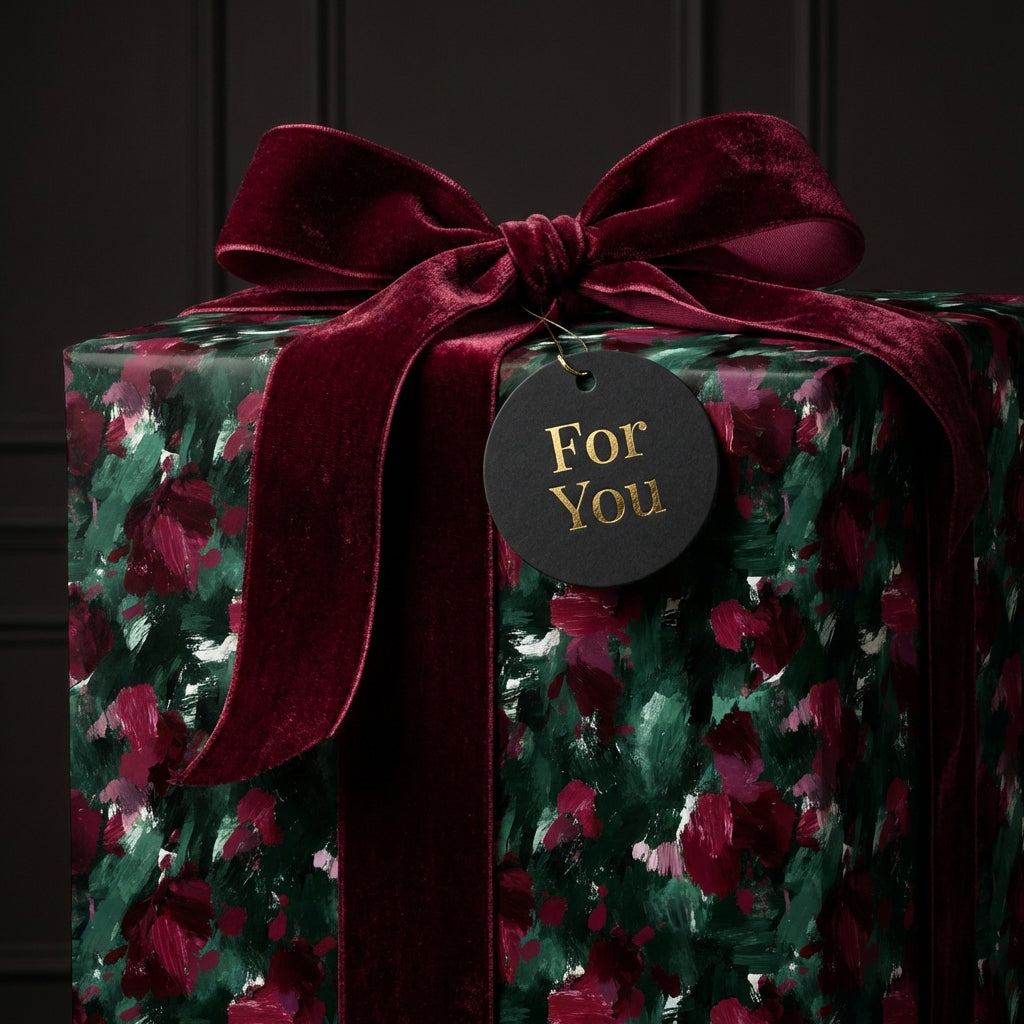 Elegant floral wrapping paper with velvet ribbon and "For You" tag. Perfect luxury gift wrap from Wrapped Studios.
