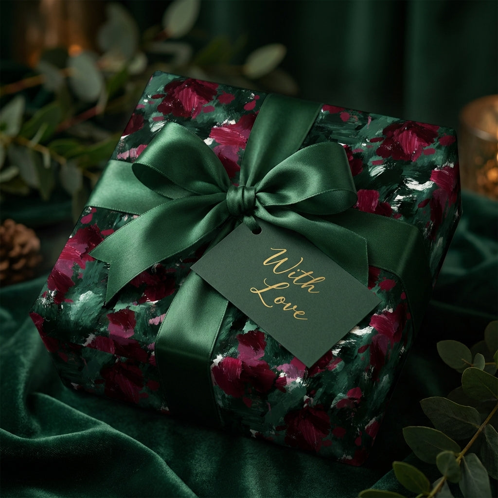 Elegant floral wrapping paper in deep green and burgundy, tied with a satin bow and "With Love" tag.