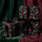 Elegant floral wrapping paper, featuring dark green, red and black. Black ribbon and bow.