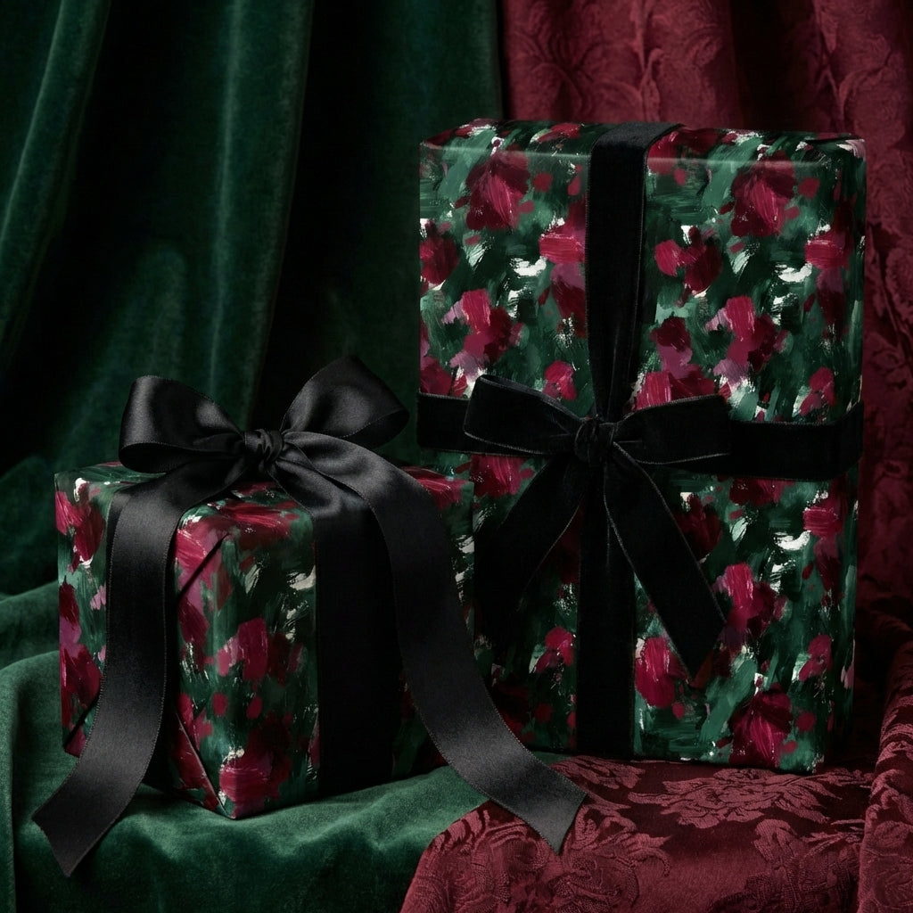Elegant floral wrapping paper, featuring dark green, red and black. Black ribbon and bow.