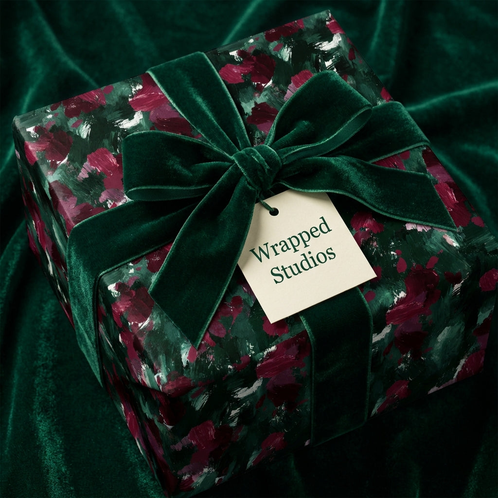 Luxury floral wrapping paper from Wrapped Studios. Gift wrapped with a green velvet ribbon.