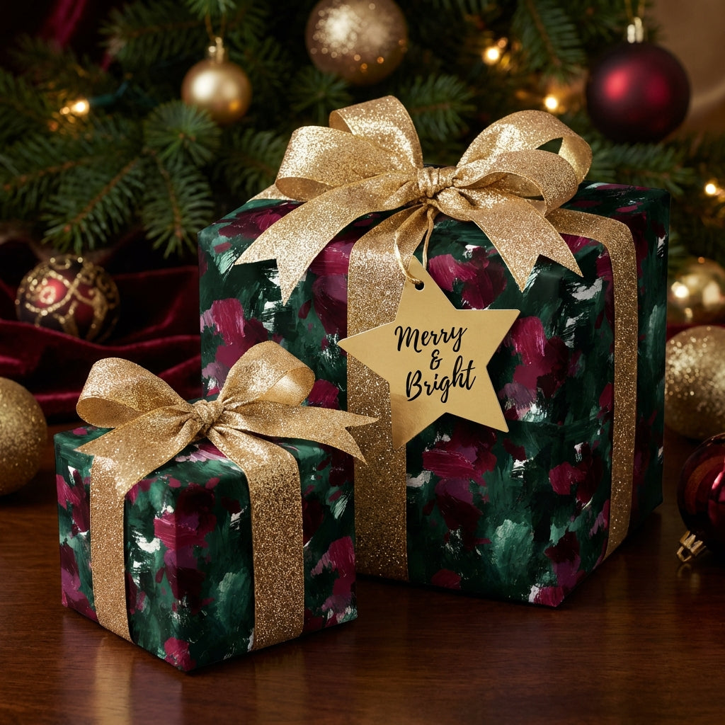 Elegant Christmas gifts wrapped in floral wrapping paper with gold glitter ribbons.
