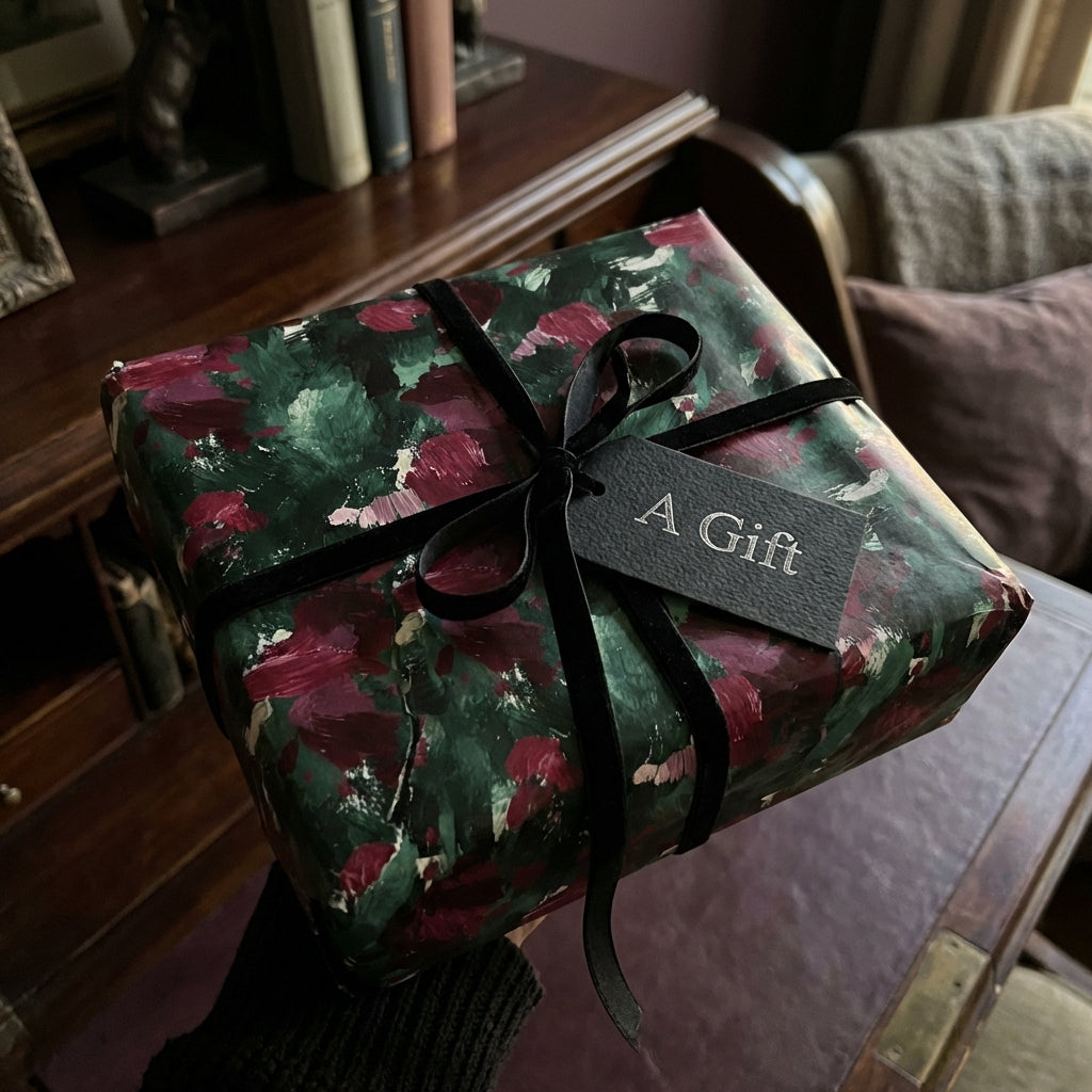 Elegant gift wrapped in floral wrapping paper with a velvet ribbon, from Wrapped Studios.